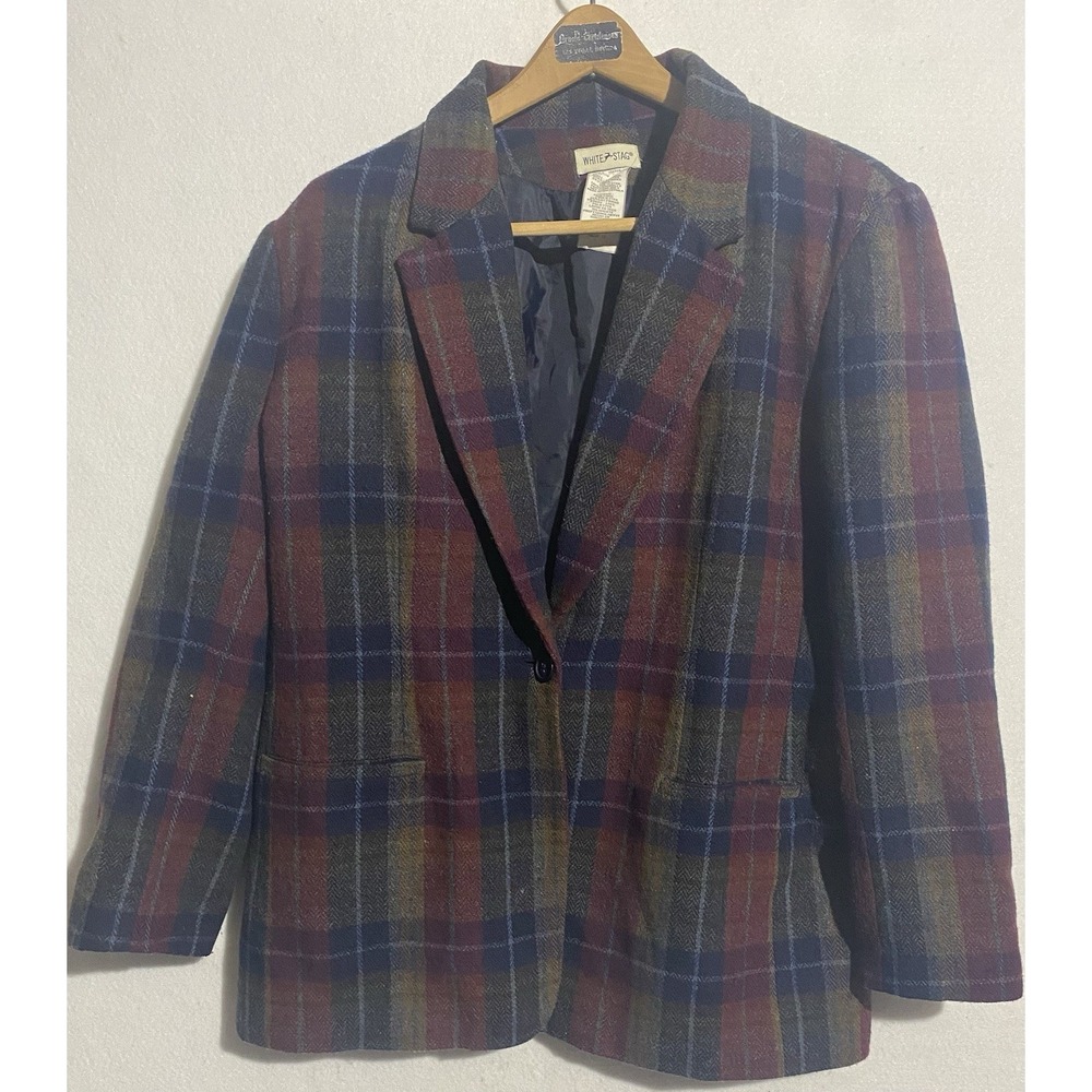 VTG White Stag Plaid Wool Blend Blazer Jacket Womens Large
